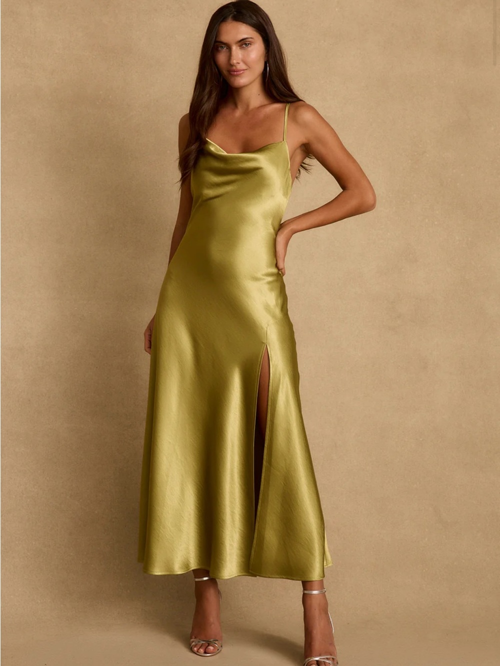 12th Tribe Mustard Satin Slip Dress with Cowl Neck